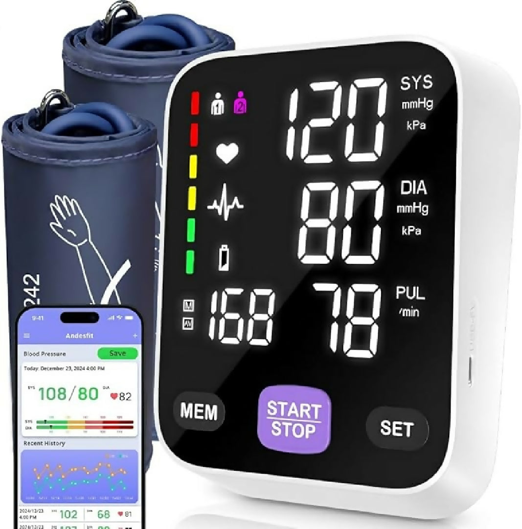 Monitor de presión arterial para la parte superior del brazo para uso doméstico de 17 pulgadas grande y 21 pulgadas XL extra grande, brazo grande, aplicación gratuita, sincronización Bluetooth, Apple Health Track Google Fit, pantalla grande, máquina intel