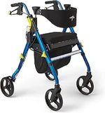 Andador rodante plegable de movilidad con asiento de espuma con memoria, negro y azul, capacidad de peso de 300 libras, ruedas de 8 pulgadas, portavasos,